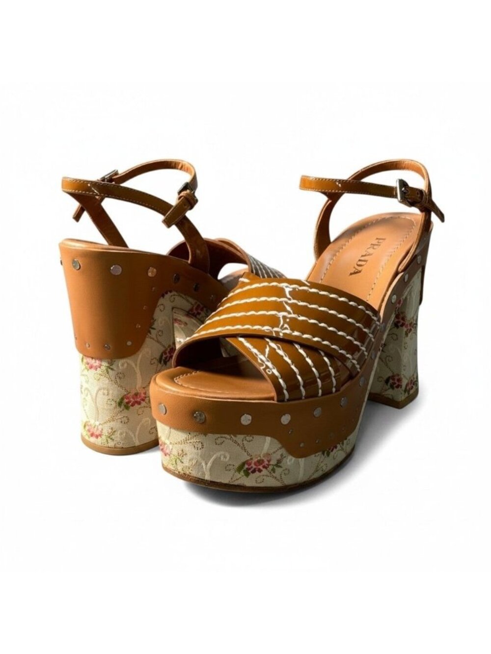 Prada I7 Flower Jacquard Platform Sandals Brown Beige